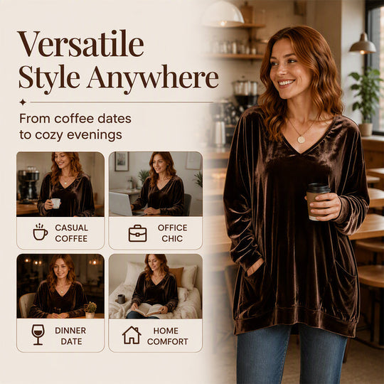 ☀️👚Seasonal Style - V-Neck Velvet Blouse with Long Sleeves – Cozy Warmth &amp; Sophisticated Shine for Cooler Days