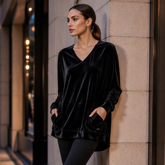 ☀️👚Seasonal Style - V-Neck Velvet Blouse with Long Sleeves – Cozy Warmth &amp; Sophisticated Shine for Cooler Days