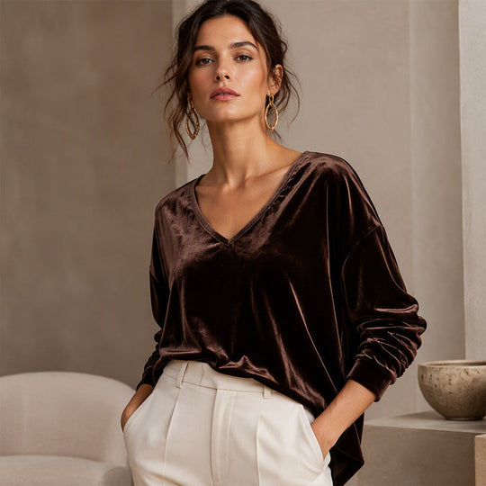 ☀️👚Seasonal Style - V-Neck Velvet Blouse with Long Sleeves – Cozy Warmth &amp; Sophisticated Shine for Cooler Days