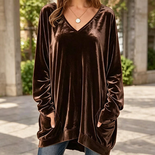 ☀️👚Seasonal Style - V-Neck Velvet Blouse with Long Sleeves – Cozy Warmth &amp; Sophisticated Shine for Cooler Days