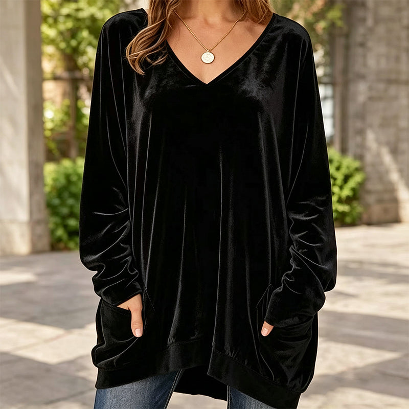 ☀️👚Seasonal Style - V-Neck Velvet Blouse with Long Sleeves – Cozy Warmth &amp; Sophisticated Shine for Cooler Days