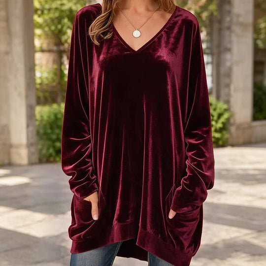 ☀️👚Seasonal Style - V-Neck Velvet Blouse with Long Sleeves – Cozy Warmth &amp; Sophisticated Shine for Cooler Days