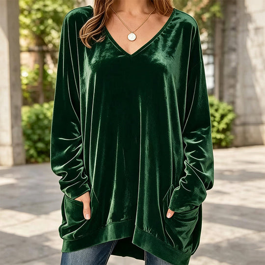 ☀️👚Seasonal Style - V-Neck Velvet Blouse with Long Sleeves – Cozy Warmth &amp; Sophisticated Shine for Cooler Days