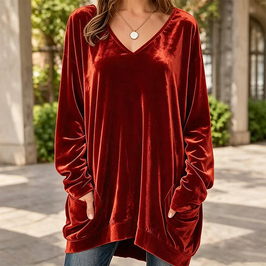 ☀️👚Seasonal Style - V-Neck Velvet Blouse with Long Sleeves – Cozy Warmth &amp; Sophisticated Shine for Cooler Days