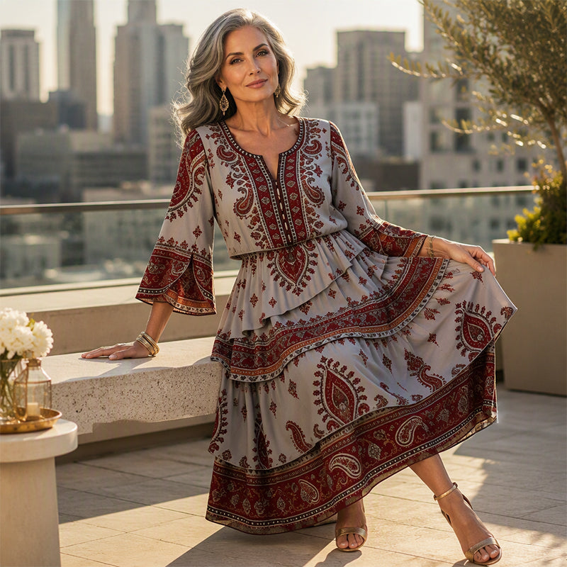 🌸Women’s Bohemian V-Neck Tiered Ruffle Dress