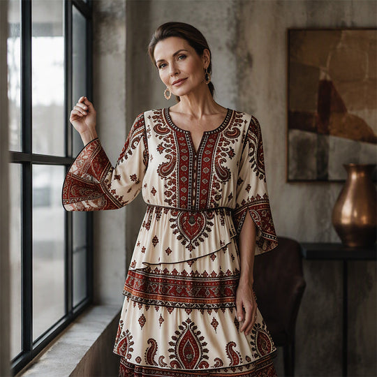🌸Women’s Bohemian V-Neck Tiered Ruffle Dress