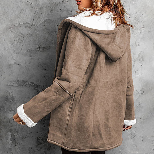 🧥Seasonal Style - Double-Breasted Hooded Coat – Soft Suede Outer &amp; Warm Lining for Commute or Outdoor Wear