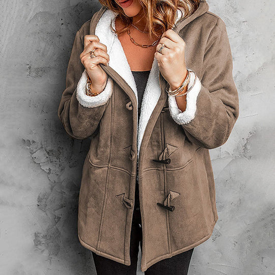 🧥Seasonal Style - Double-Breasted Hooded Coat – Soft Suede Outer &amp; Warm Lining for Commute or Outdoor Wear