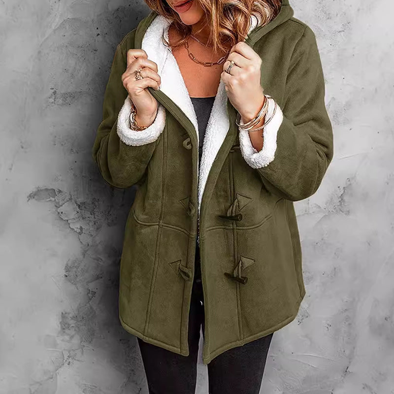 🧥Seasonal Style - Double-Breasted Hooded Coat – Soft Suede Outer &amp; Warm Lining for Commute or Outdoor Wear