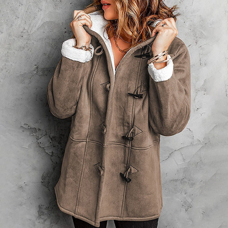 🧥Seasonal Style - Double-Breasted Hooded Coat – Soft Suede Outer &amp; Warm Lining for Commute or Outdoor Wear