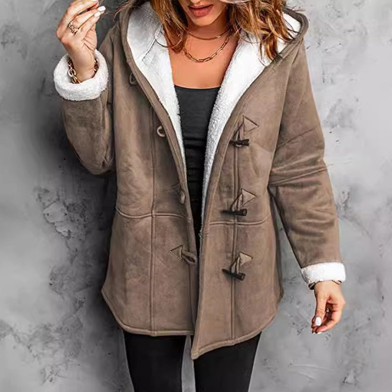 🧥Seasonal Style - Double-Breasted Hooded Coat – Soft Suede Outer &amp; Warm Lining for Commute or Outdoor Wear