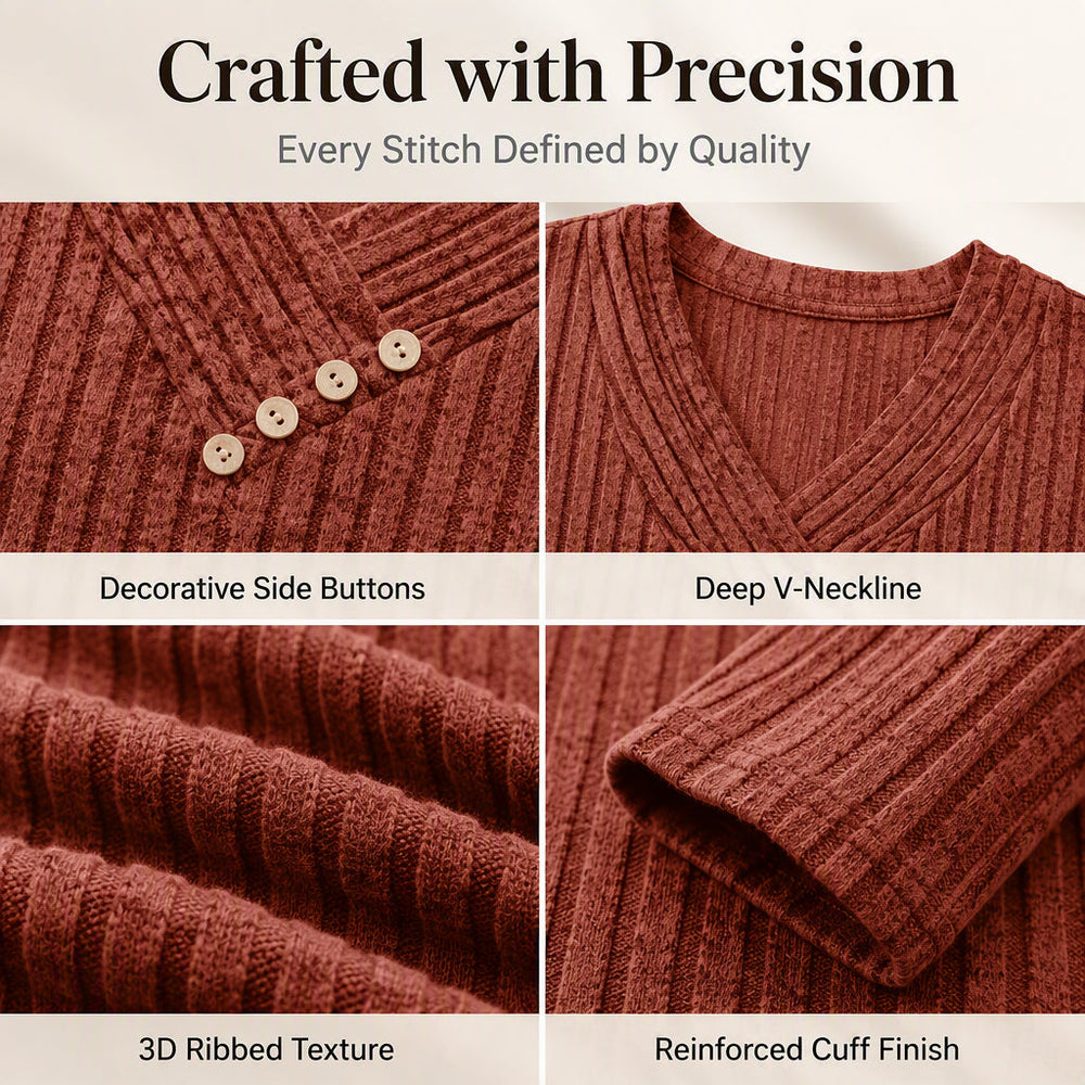✨ Women's Ribbed Knit V-Neck Top – Elegant Button Detail For A Chic Everyday Look🤍