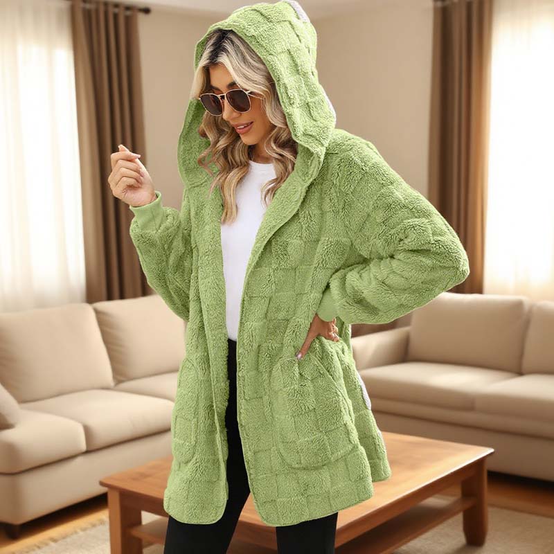 Hooded Fluffy Fleece Cardigan, Textured Check Pattern Open Front Coat with Pockets