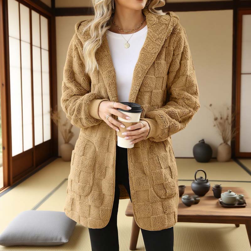 Hooded Fluffy Fleece Cardigan, Textured Check Pattern Open Front Coat with Pockets
