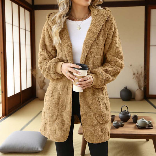 Hooded Fluffy Fleece Cardigan, Textured Check Pattern Open Front Coat with Pockets
