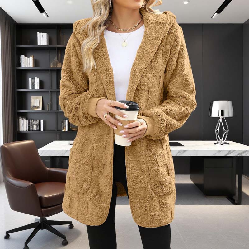 Hooded Fluffy Fleece Cardigan, Textured Check Pattern Open Front Coat with Pockets