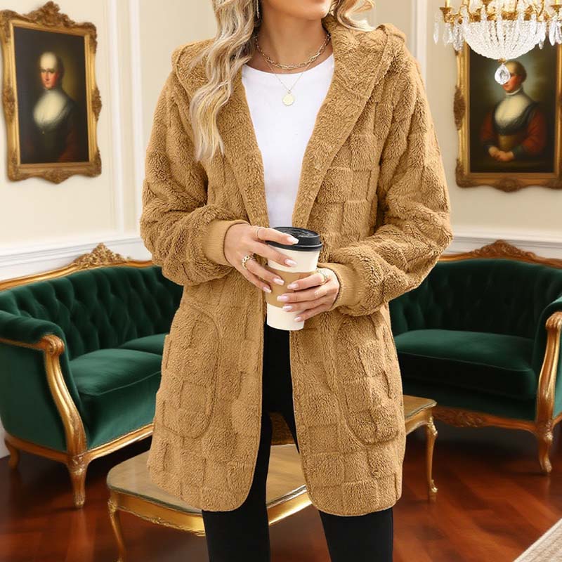 Hooded Fluffy Fleece Cardigan, Textured Check Pattern Open Front Coat with Pockets