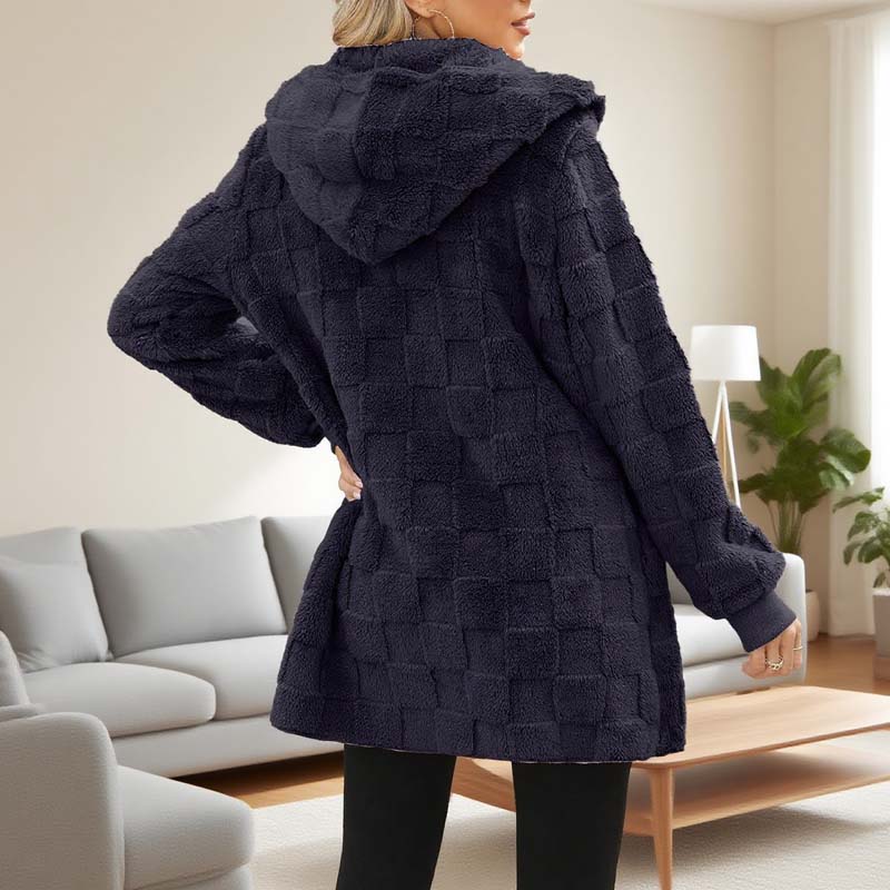 Hooded Fluffy Fleece Cardigan, Textured Check Pattern Open Front Coat with Pockets