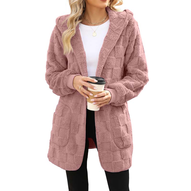 Hooded Fluffy Fleece Cardigan, Textured Check Pattern Open Front Coat with Pockets