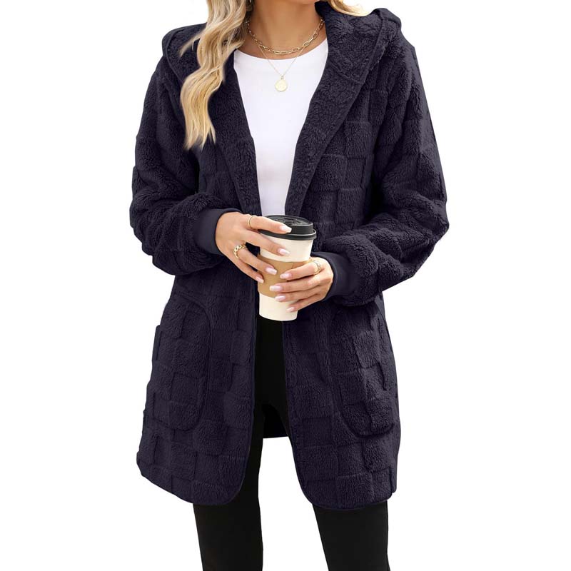 Hooded Fluffy Fleece Cardigan, Textured Check Pattern Open Front Coat with Pockets