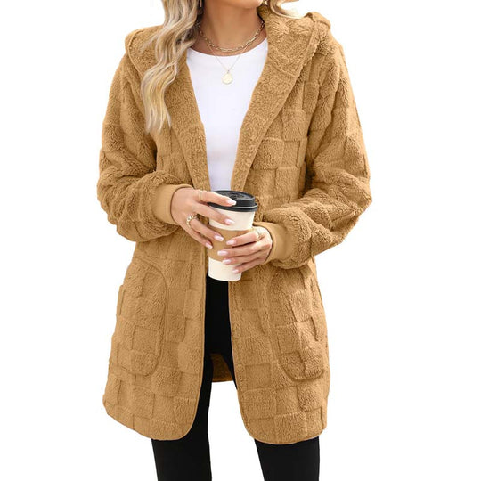 Hooded Fluffy Fleece Cardigan, Textured Check Pattern Open Front Coat with Pockets