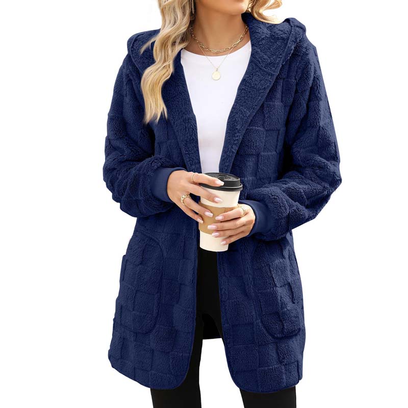 Hooded Fluffy Fleece Cardigan, Textured Check Pattern Open Front Coat with Pockets