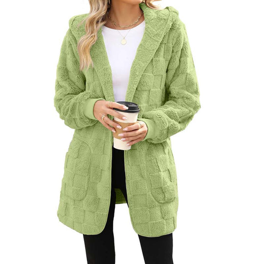 Hooded Fluffy Fleece Cardigan, Textured Check Pattern Open Front Coat with Pockets