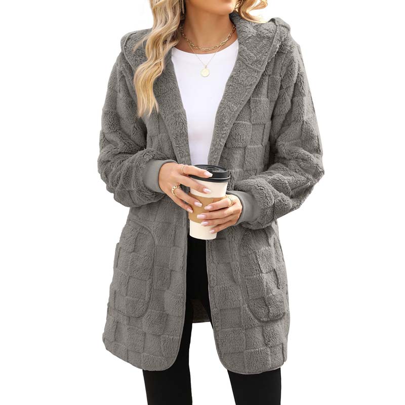 Hooded Fluffy Fleece Cardigan, Textured Check Pattern Open Front Coat with Pockets