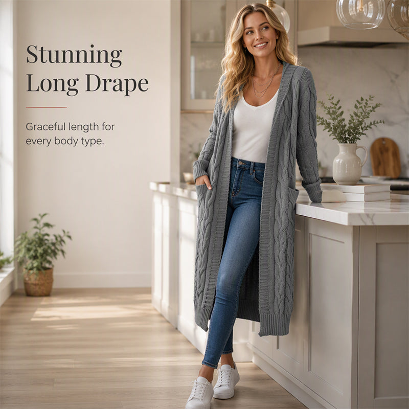 Women's Long Hooded Knit Cardigan with Pockets