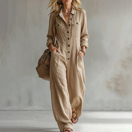 🍂 Women’s Wide-Leg Cargo Jumpsuit – Effortless Utility Style &amp; Autumn Comfort