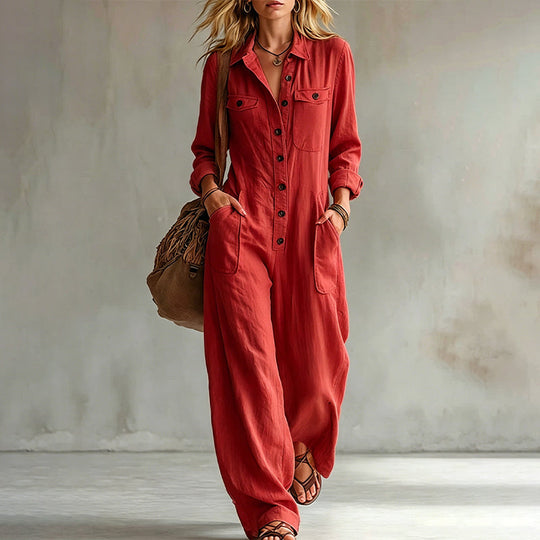 🍂 Women’s Wide-Leg Cargo Jumpsuit – Effortless Utility Style &amp; Autumn Comfort