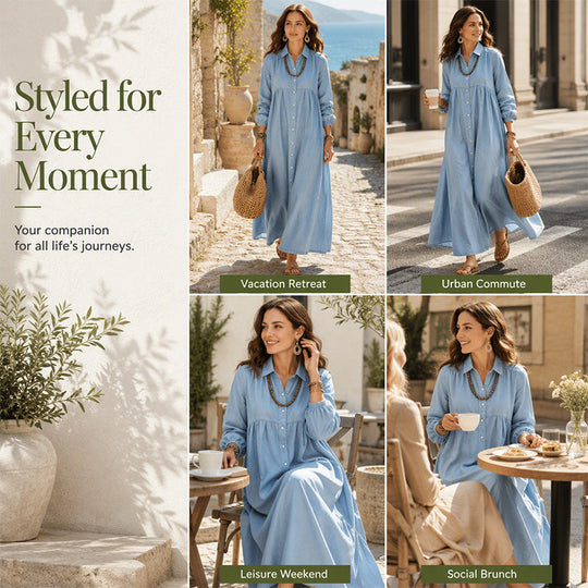 🌸👗New Arrivals - Long Sleeve Maxi Dress in Premium Linen Blend – Versatile 2-in-1 Styling as Dress or Lightweight Layering Piece