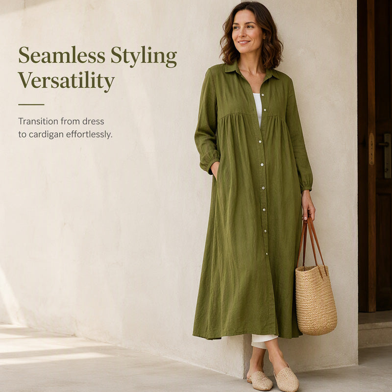 🌸👗New Arrivals - Long Sleeve Maxi Dress in Premium Linen Blend – Versatile 2-in-1 Styling as Dress or Lightweight Layering Piece