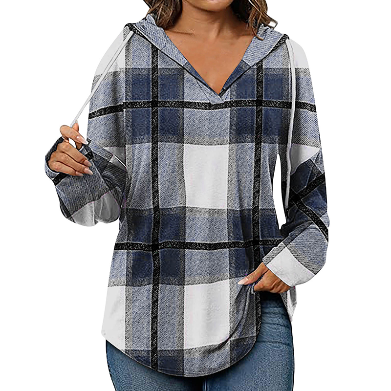 🍂 Easy Everyday Comfort 👚Women's Plaid Hooded Long Sleeve Drawstring V Neck Shirts