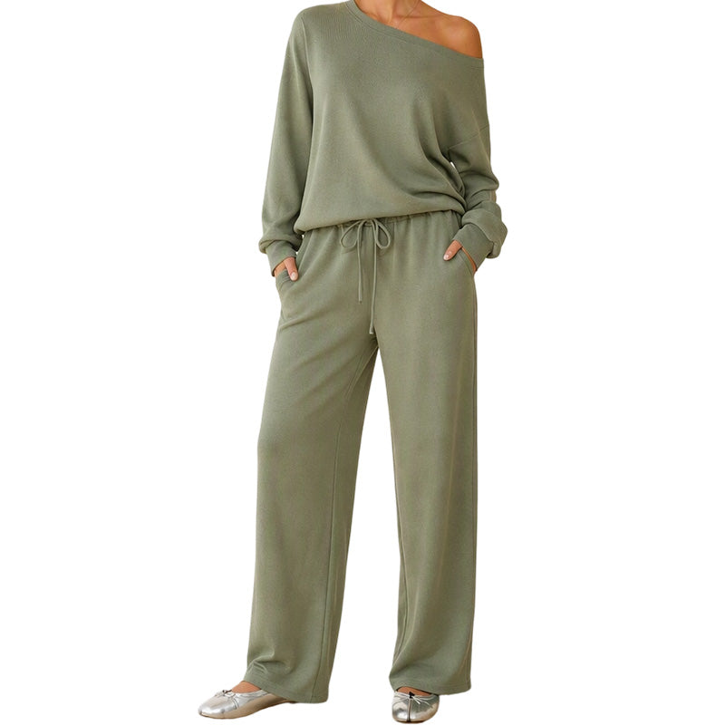 ✨ Effortless Comfort | Women's Off-Shoulder Top & Wide-Leg Pants 2-Piece Set