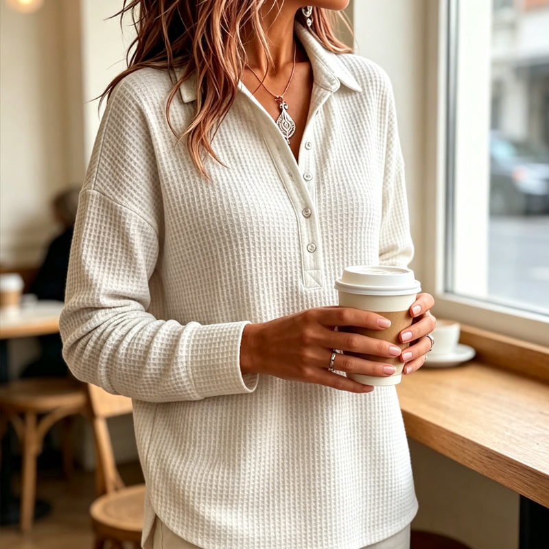 🌸 New Arrival | Women's Waffle-Knit Collared Relaxed Long-Sleeve Top