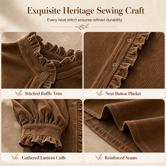 ✨ Vintage Feminine Detail | Women’s Corduroy Ruffle-Collar Blouse with Lantern Sleeves