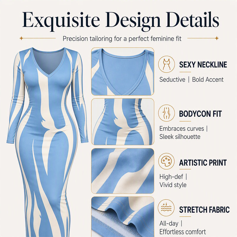💃 Prints That Shape the Look | Women's Long-Sleeve Bodycon Maxi Dress