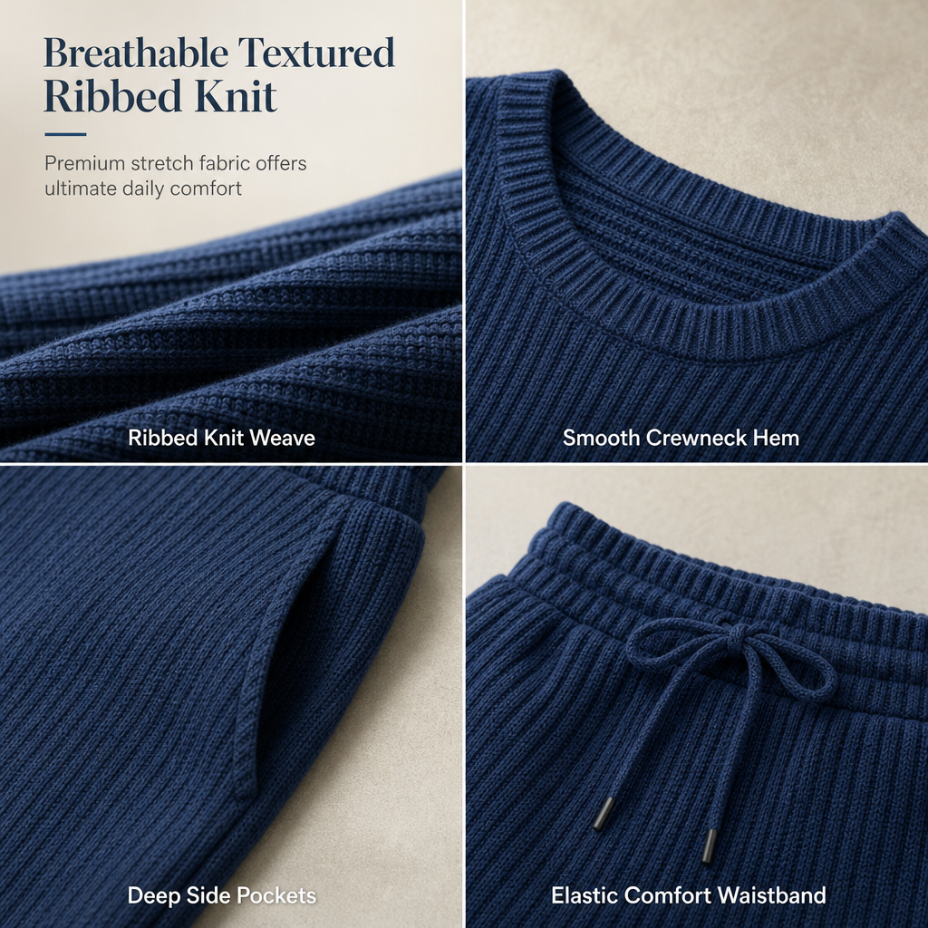 Buttery Soft Ribbed Knit Matching Outfit: Long Sleeve Top &amp; Pocketed Wide Leg Pants