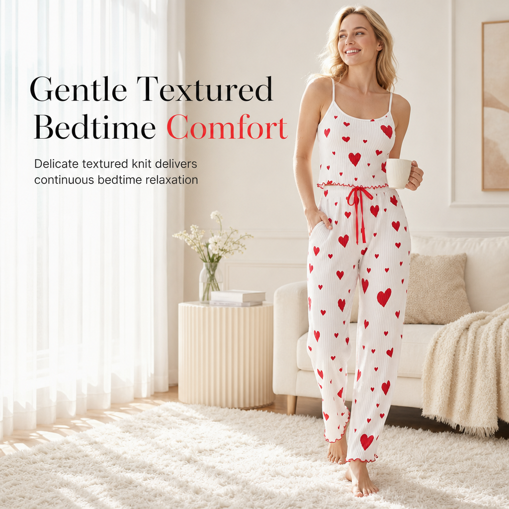 Womens 2 Piece Ribbed Pajama Set Heart Print Camisole Top and Long Pants Loungewear