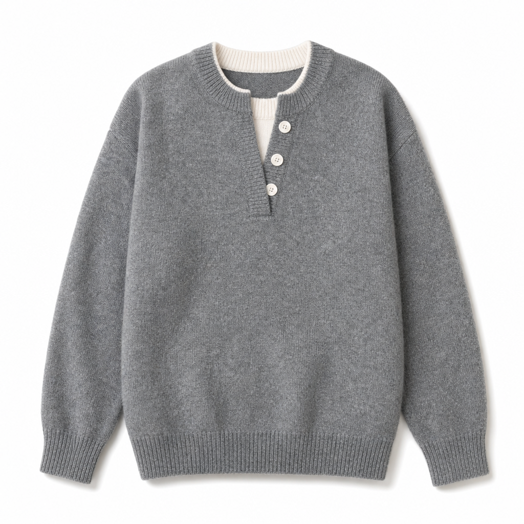 Casual Mock Two Piece V Neck Knit Sweater with Button Details