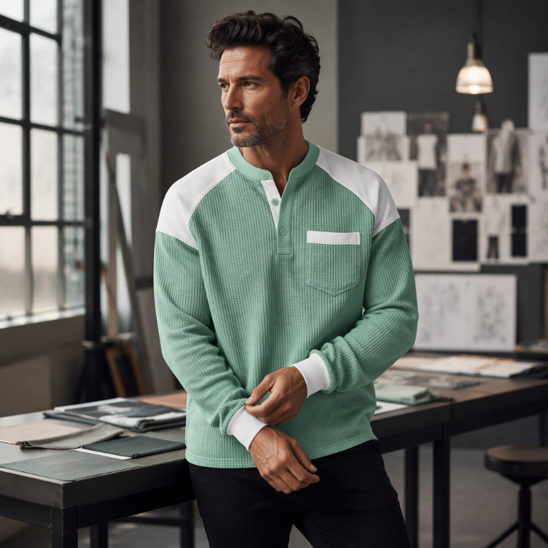 Men’s casual Henley top with a color-block design and waffle-knit texture