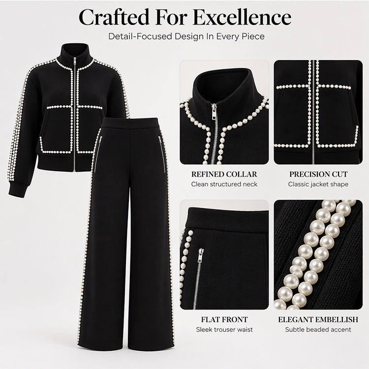 Women's Beaded Cropped Jacket and Wide-Leg Pants Set