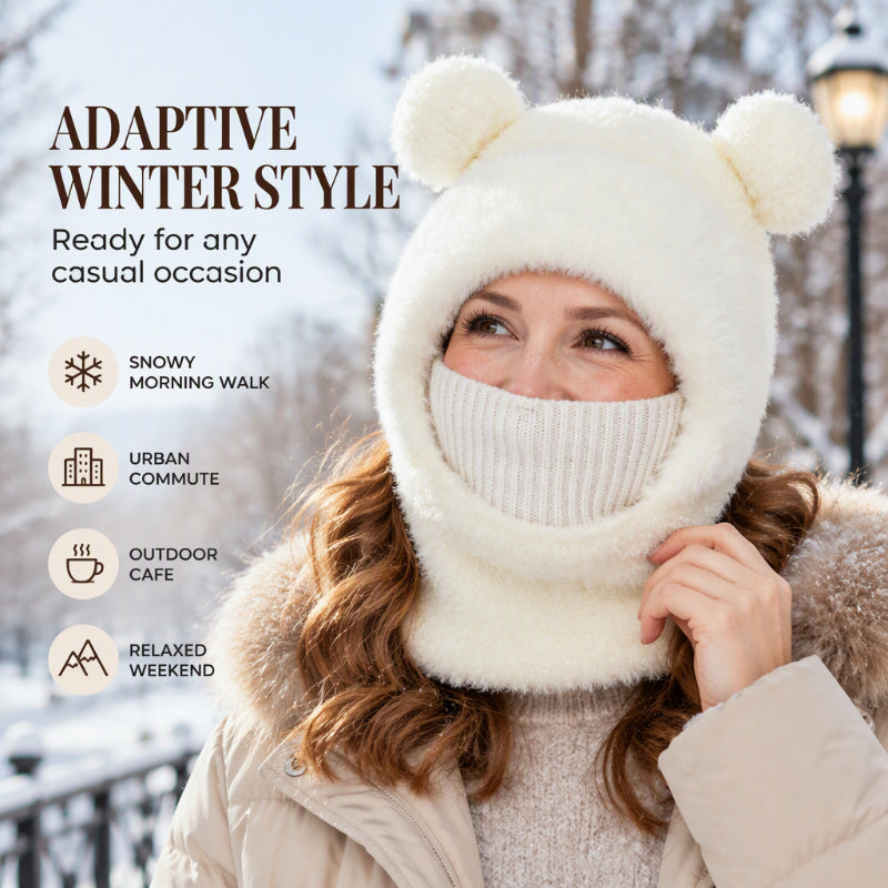 🐻 All-in-One Warmth, Cozy Full Coverage | 3-in-1 Winter Bear Hat with Scarf &amp; Mask