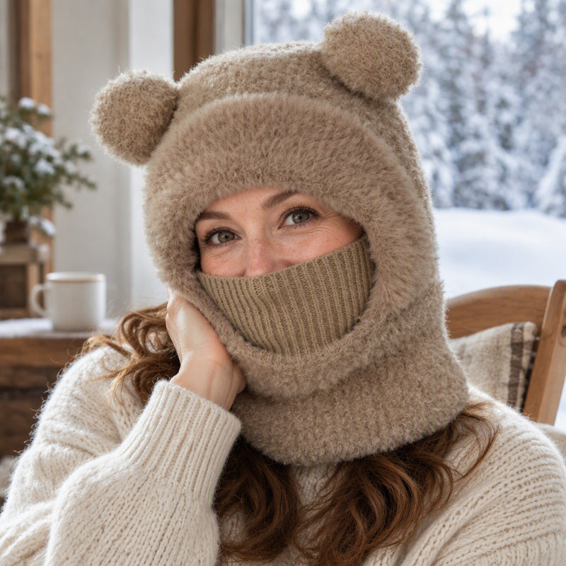 🐻 All-in-One Warmth, Cozy Full Coverage | 3-in-1 Winter Bear Hat with Scarf &amp; Mask