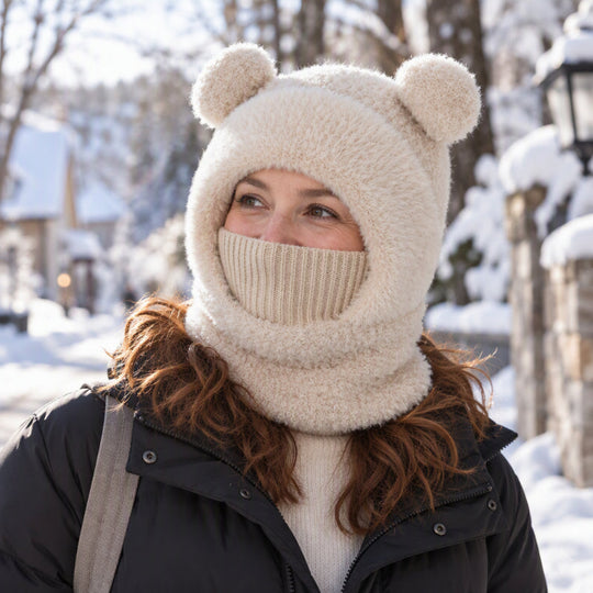 🐻 All-in-One Warmth, Cozy Full Coverage | 3-in-1 Winter Bear Hat with Scarf &amp; Mask